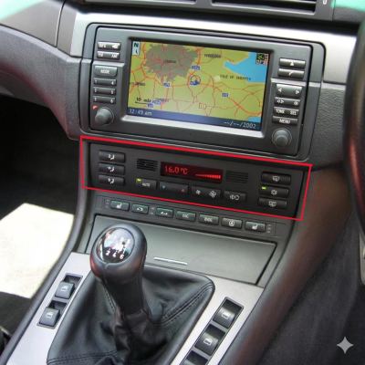BMW E46 HVAC Relocation Bracket for Double DIN, front view, showing main panel — OEM None